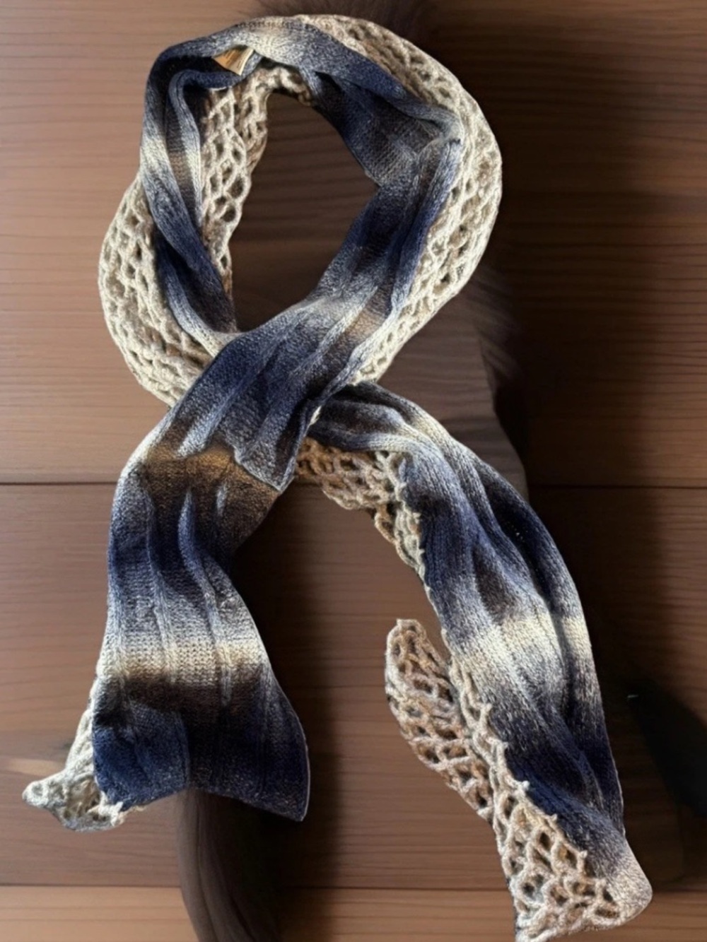 Vintage FREE PEOPLE Wrap 88x27 Ivory Open Knit & Blue Crochet Colorblock Scarf